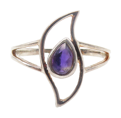 925 Sterling Silver  Tear Drop Amethyst Split Design Band Ring Sz 7.5  RG11450
