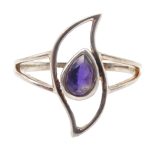 925 Sterling Silver  Tear Drop Amethyst Split Design Band Ring Sz 7.5  RG11450