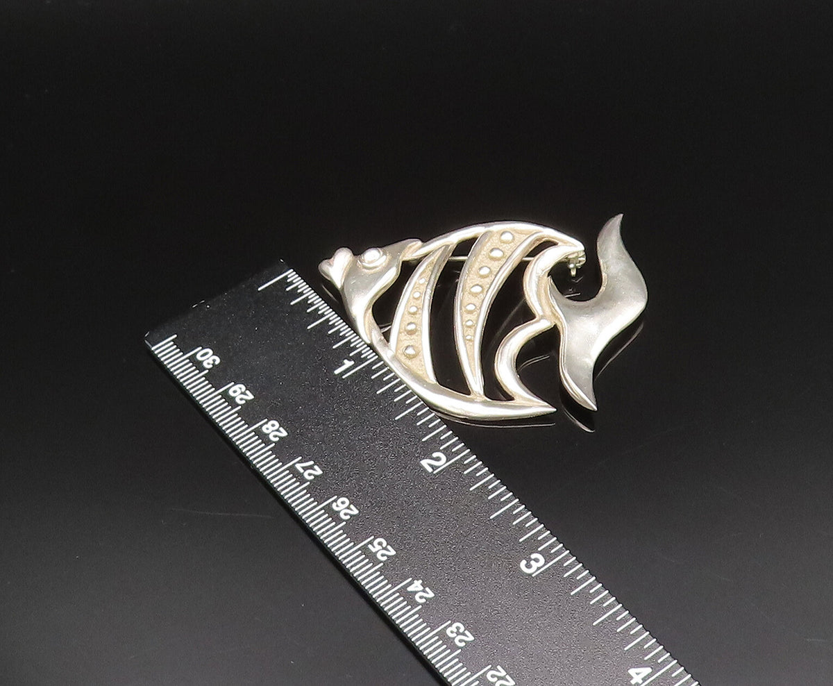 925 Sterling Silver  Vintage Carved Beaded Fish Cutout Brooch Pin  BP9571