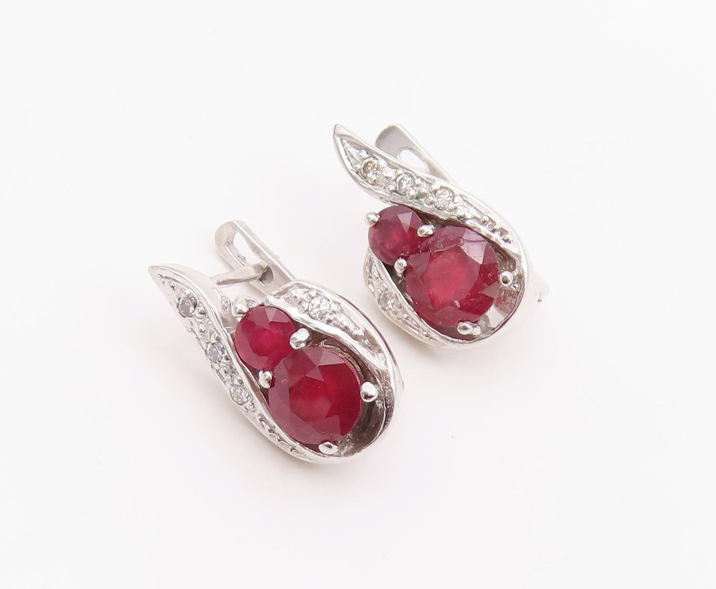 925 Sterling Silver Vintage Earrings Real Diamonds & Ruby Swirl Drop  EG14214