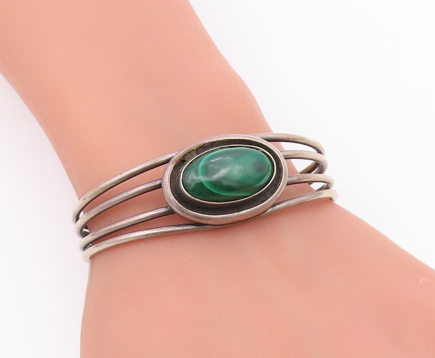 925 Sterling Silver  Vintage Cabochon Malachite Split Cuff Bracelet  BT9205