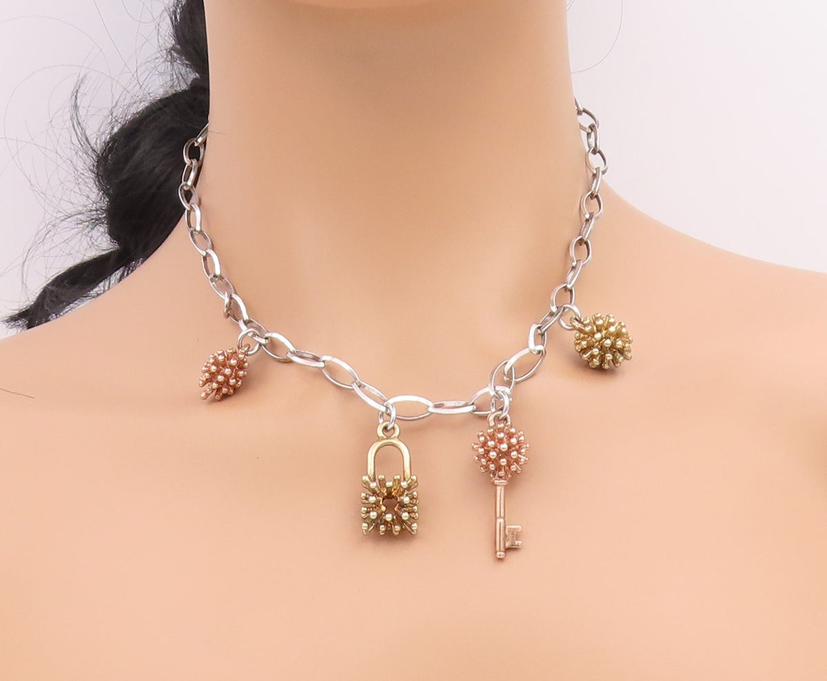 925 Sterling Silver Vintage Necklace Multi Tone Key & Spiky Orb Chain  NE4835