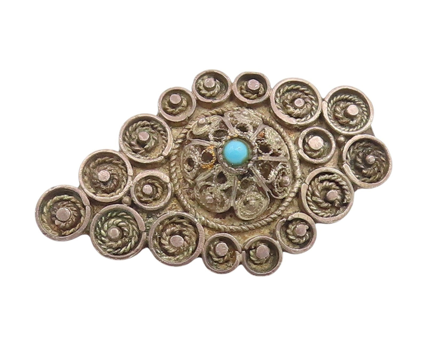 925 Sterling Silver Vintage Brooch Pin ISRAEL Turquoise Intricate Design BP12348