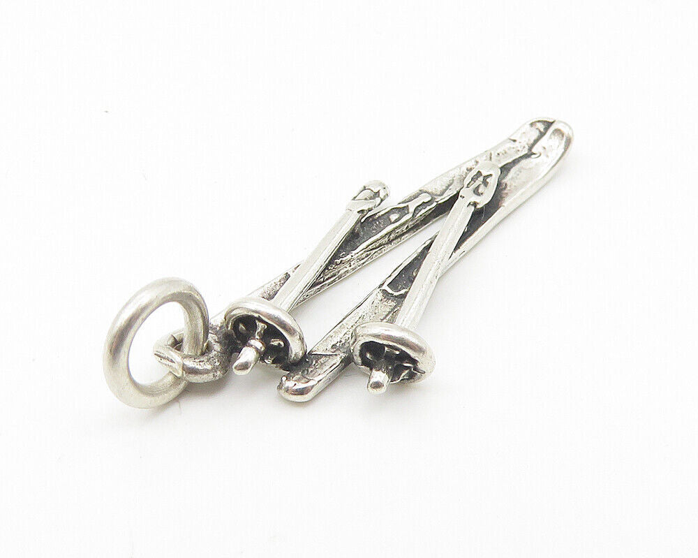 925 Sterling Silver  Vintage Shiny Petite Ski Set Motif Sports Pendant  PT8545