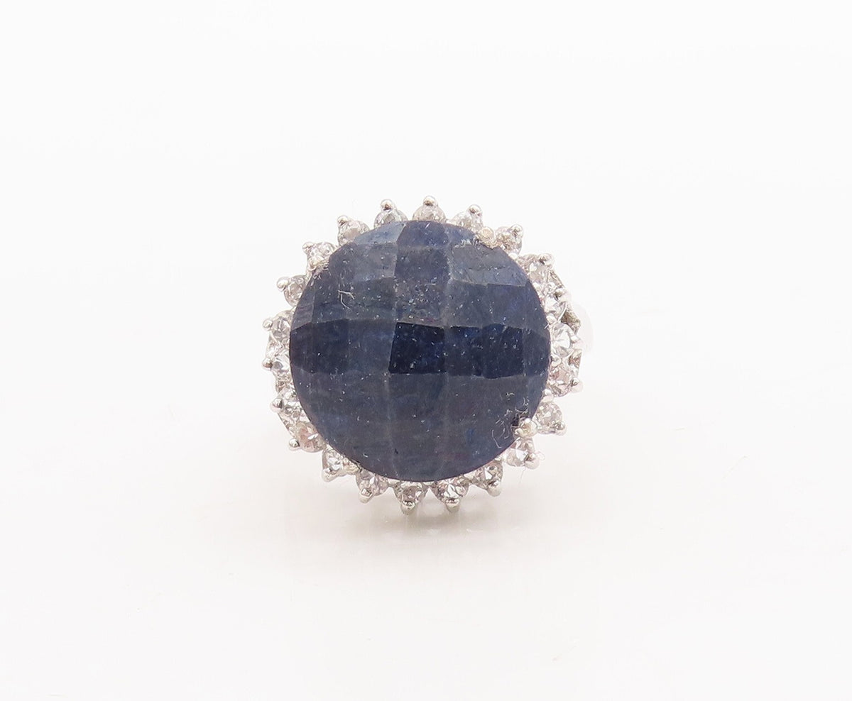 925 Sterling Silver Vintage Ring Large Round Sapphire Halo Topaz  Sz 7  RG29503