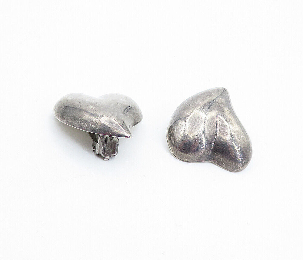 MEXICO 925 Silver - Vintage Dark Tone Love Heart Non Pierce Earrings - EG2866