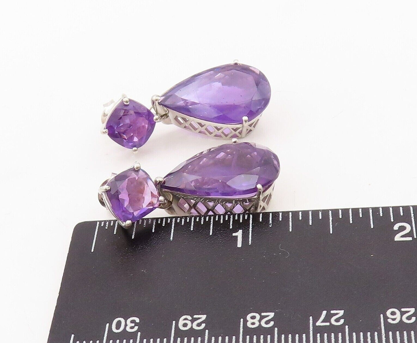 925 Sterling Silver Vintage Earrings Square & Drop Cut Dangling Amethyst EG13156
