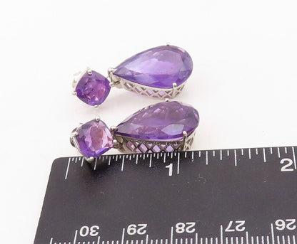 925 Sterling Silver Vintage Earrings Square & Drop Cut Dangling Amethyst EG13156