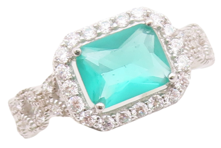 925 Sterling Silver Vintage Ring Rectangle Sea Green Halo White CZ  Sz 7 RG30933