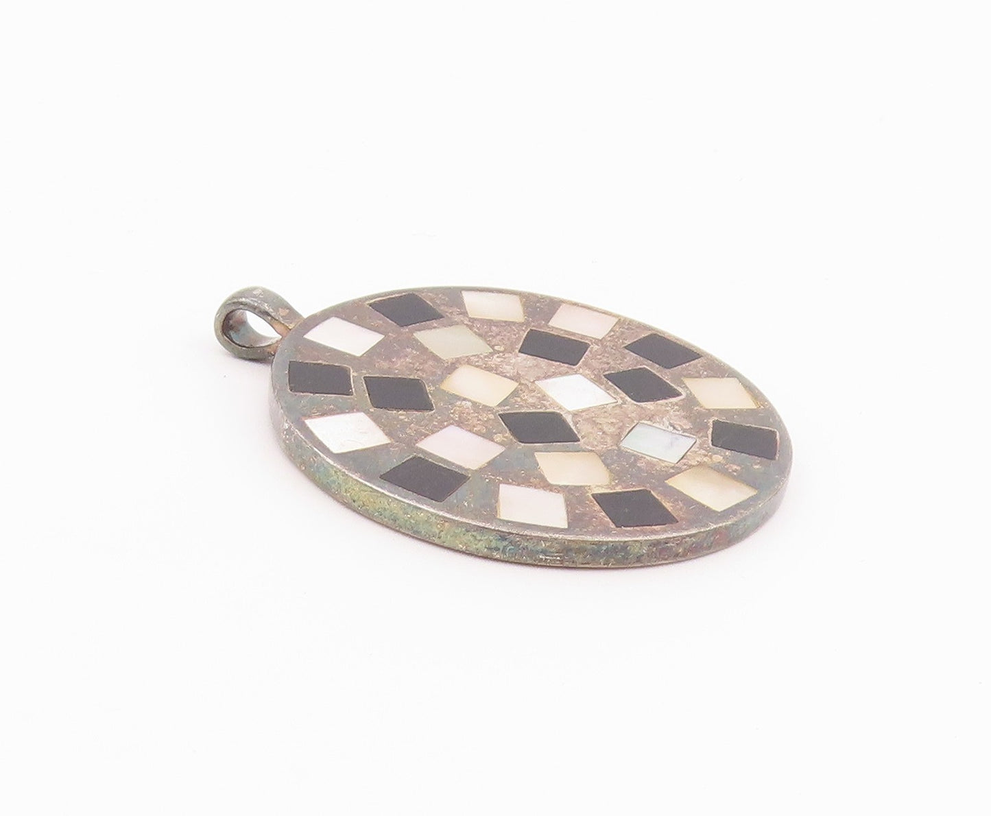 925 Sterling Silver Vintage Pendant Mother Of Pearl & Onyx Inlay Circle  PT26374