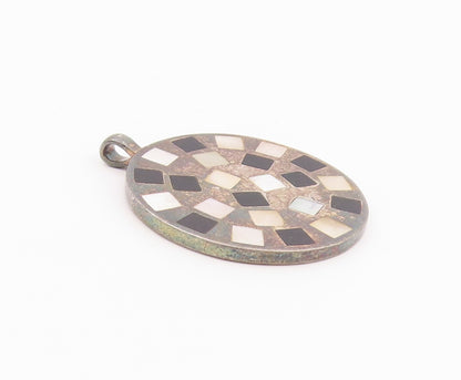 925 Sterling Silver Vintage Pendant Mother Of Pearl & Onyx Inlay Circle  PT26374