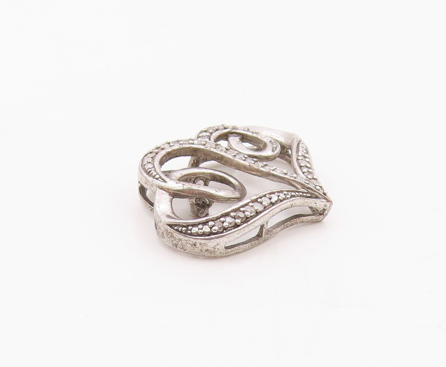 925 Sterling Silver  Vintage Genuine Diamonds Double Heart Pendant  PT19811