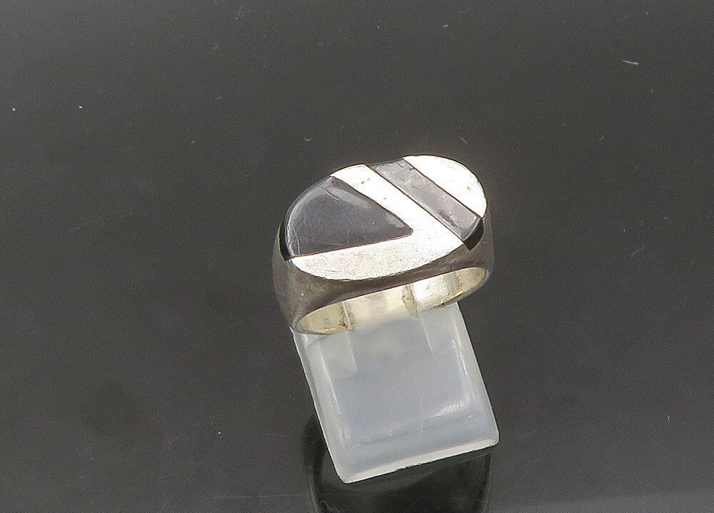 MEXICO 925 Silver  Vintage Inlaid Black Onyx Dome Band Ring Sz 7  RG21740