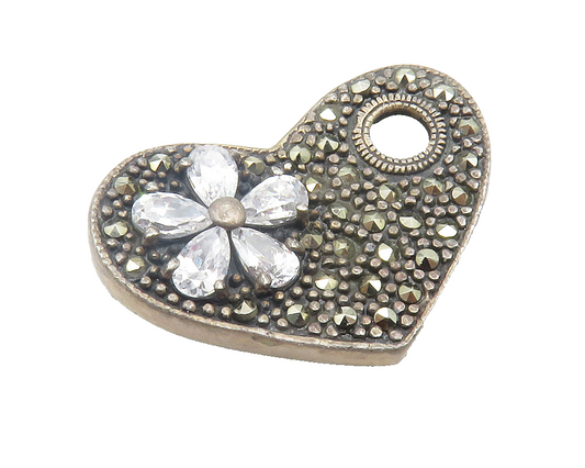 925 Silver  Vintage Cubic Zirconia & Marcasite Flower Heart Pendant  PT9703