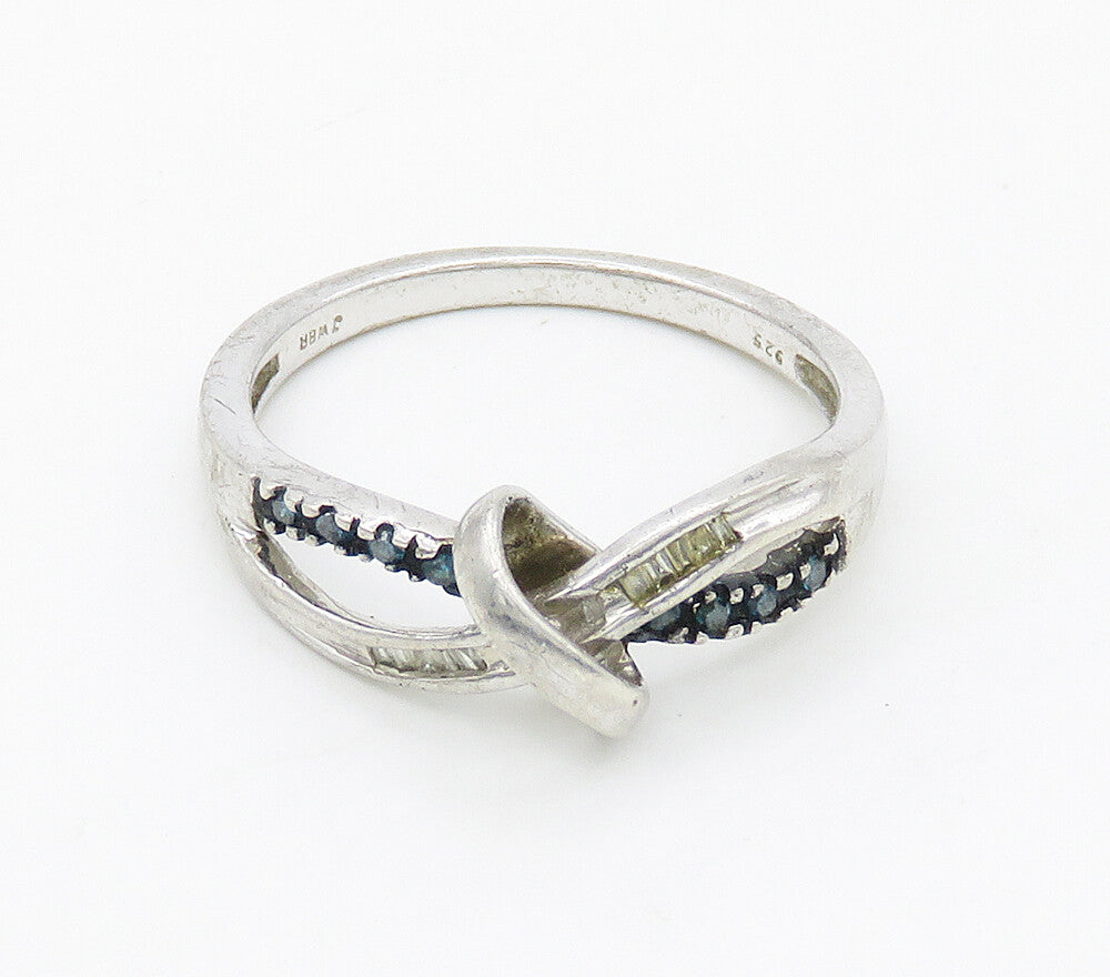925 Silver  Vintage Genuine Blue & White Diamonds Knot Band Ring Sz 7  RG15984
