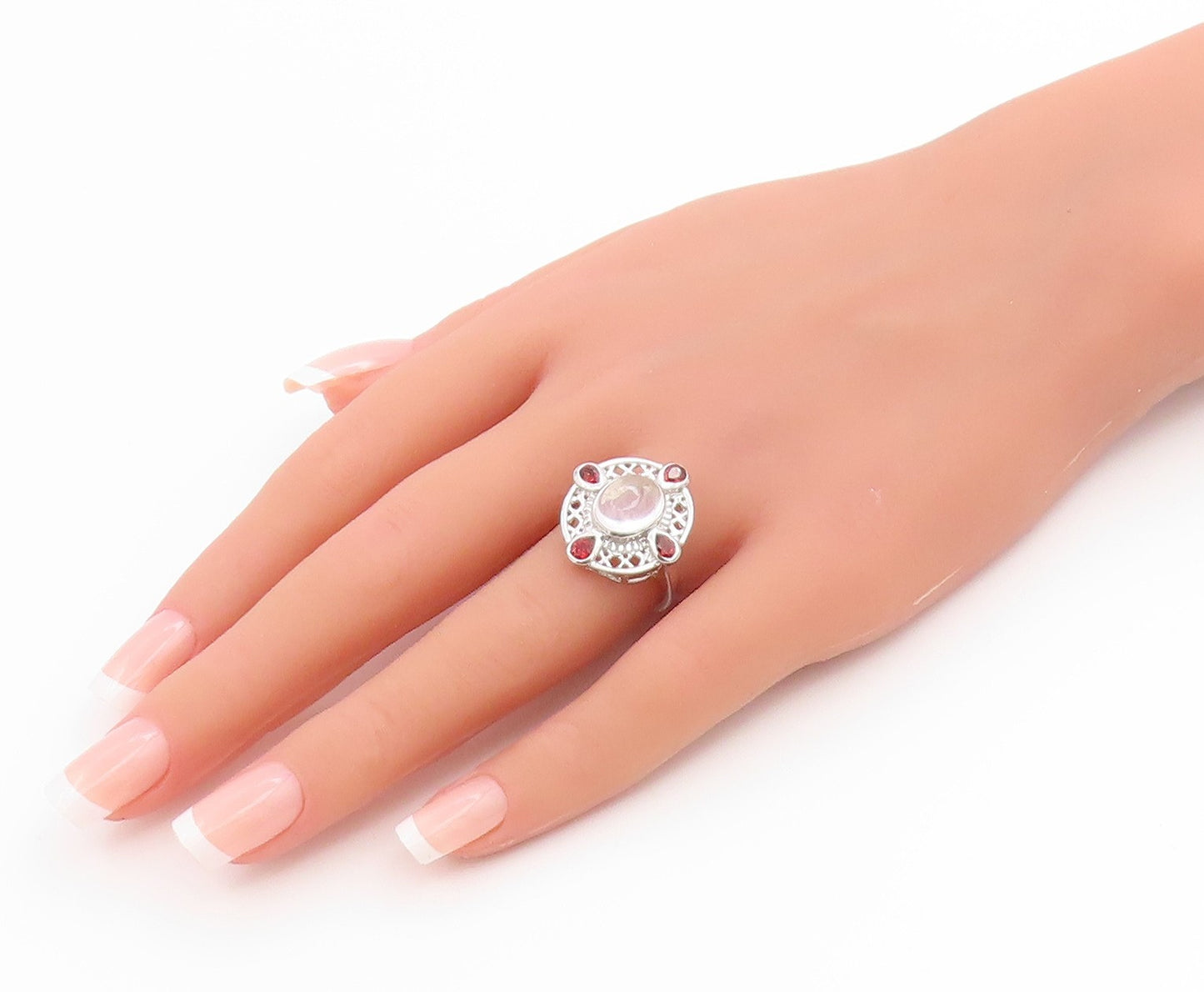 925 Sterling Silver Vintage Ring Cabochon Moonstone & Garnet Band  Sz 7  RG36141