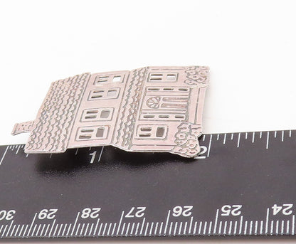 925 Sterling Silver Vintage Brooch Pin Solid Carved Family House  BP11192