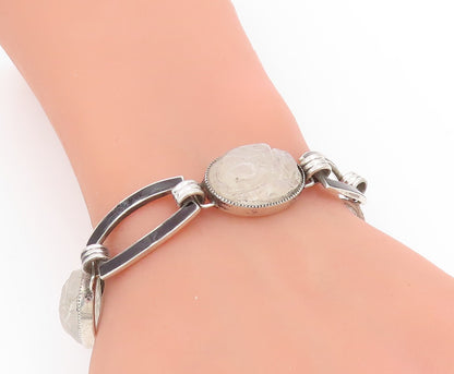 925 Sterling Silver Vintage Bracelet Carved Quartz Classic Panel Link  BT11743