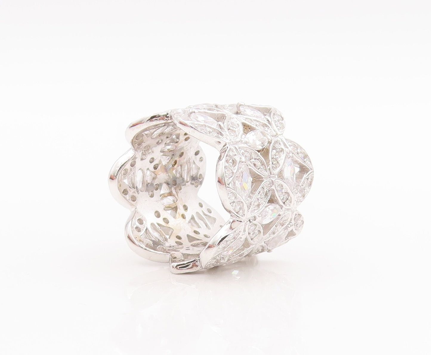 925 Sterling Silver Vintage Ring Broad Band Floral Cutout CZ Inlay Sz 7  RG29032