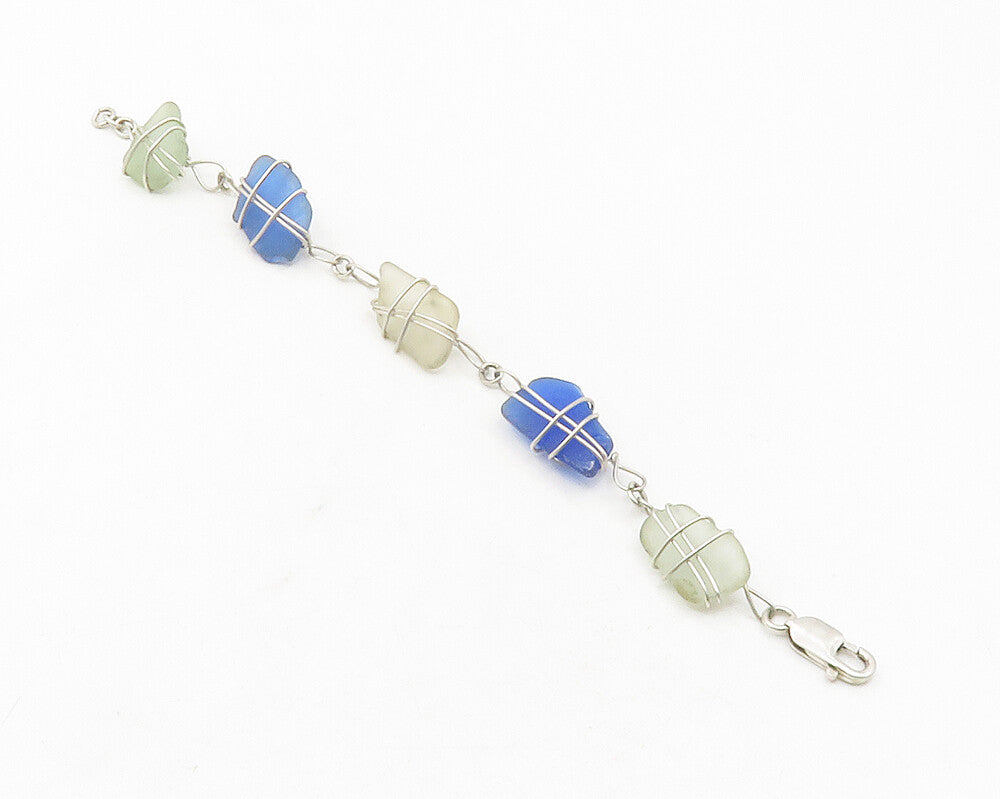 925 Sterling Silver  Wire Wrapped Blue & White Quartz Chain Bracelet  BT4748