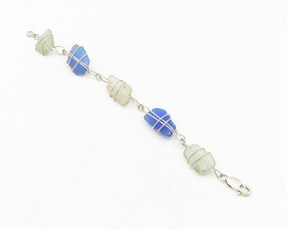 925 Sterling Silver  Wire Wrapped Blue & White Quartz Chain Bracelet  BT4748
