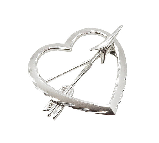 925 Sterling Silver  Shiny Open Love Heart Bow & Arrow Brooch Pin  BP6027