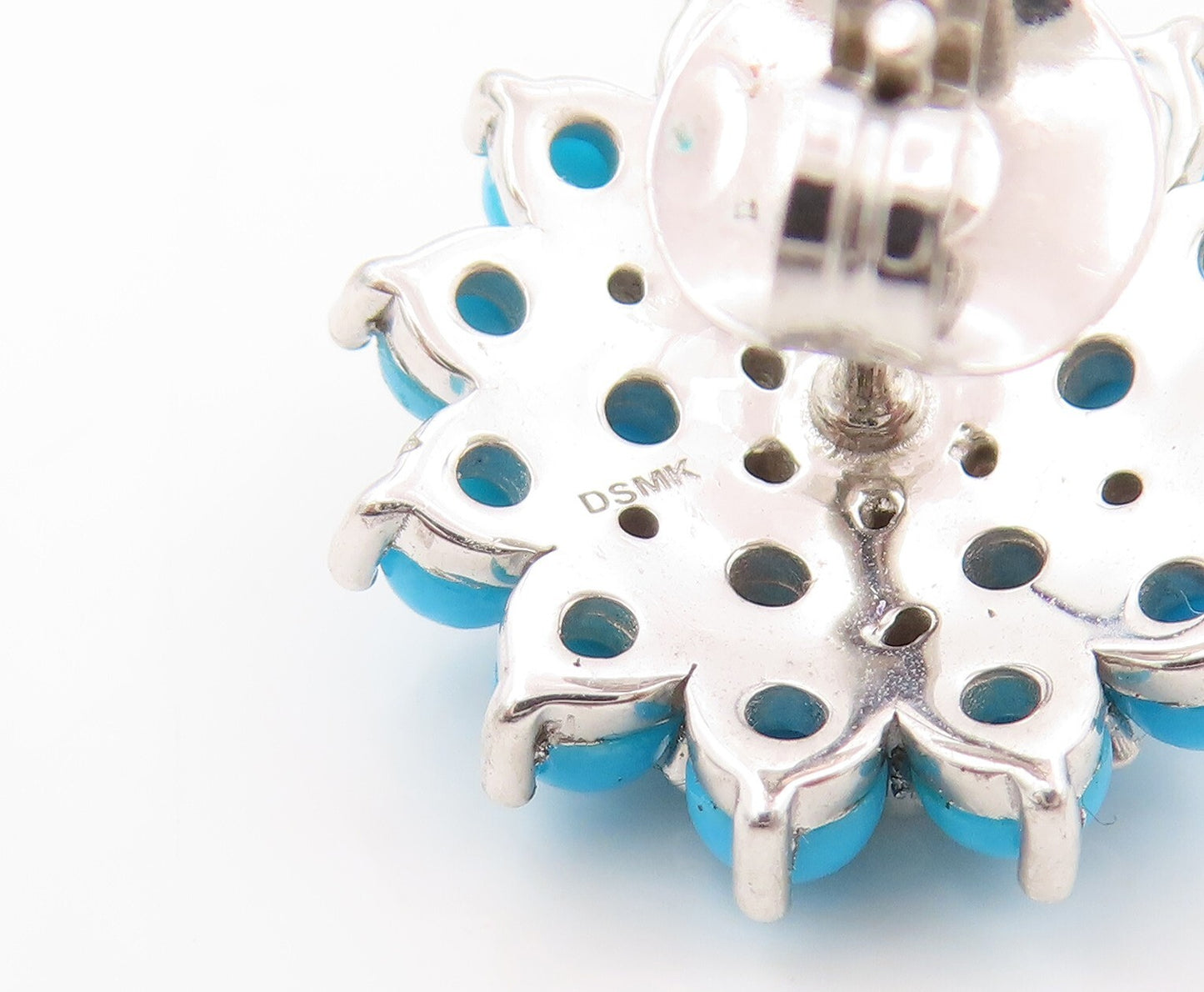 925 Sterling Silver Vintage Earrings Cabochon Larimar & CZ Flower  EG13389