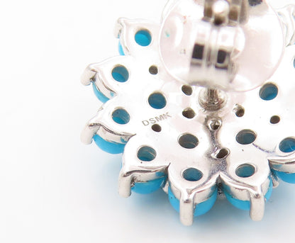 925 Sterling Silver Vintage Earrings Cabochon Larimar & CZ Flower  EG13389