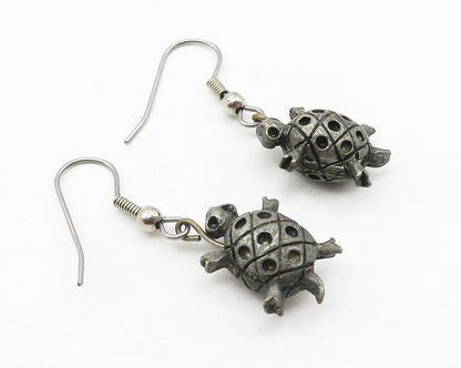 925 Sterling Silver  Vintage Oxidized Sea Turtle Motif Dangle Earrings  EG5783