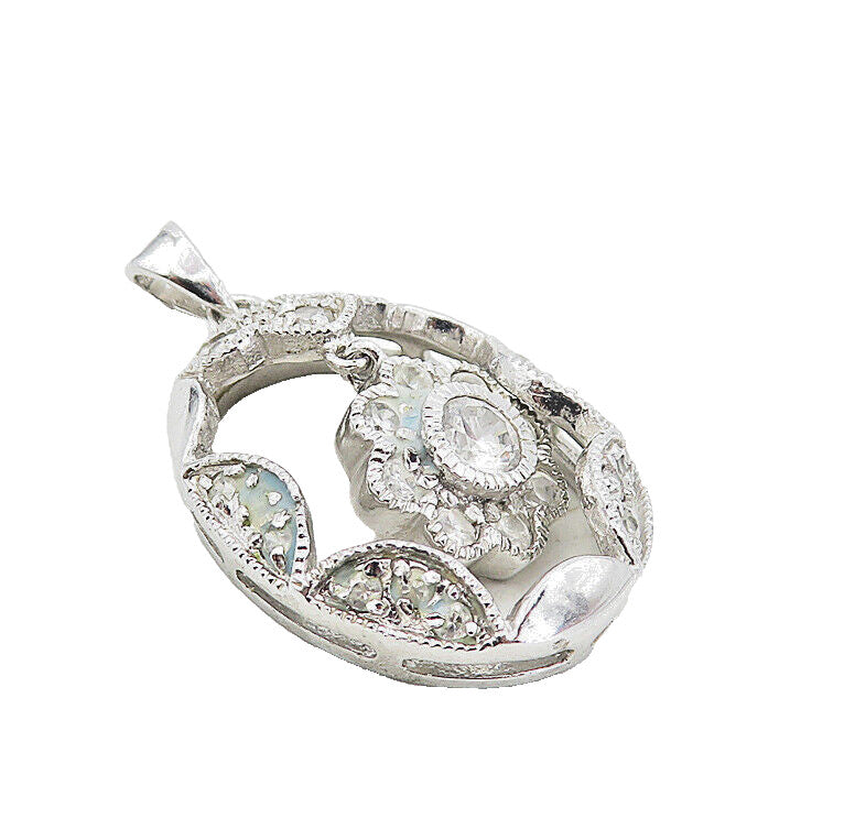 925 Sterling Silver  Vintage Cubic Zirconia Dangling Flower Pendant  PT6282