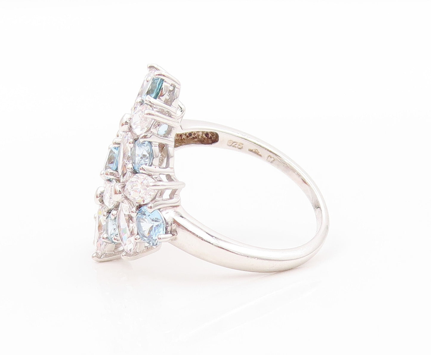 925 Sterling Silver Vintage Ring White & Blue CZ Flowers Inlay  SZ 9  RG31938