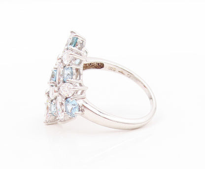 925 Sterling Silver Vintage Ring White & Blue CZ Flowers Inlay  SZ 9  RG31938