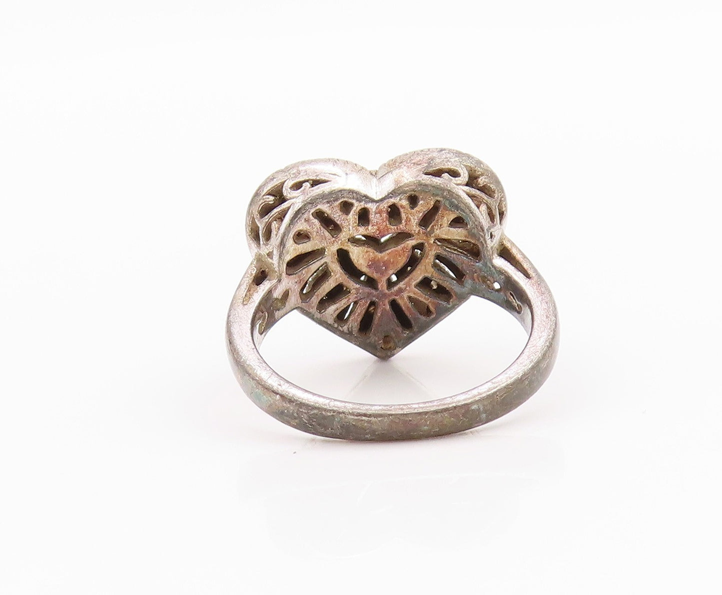 925 Sterling Silver Vintage Ring Designer Diamonds Inlay Heart  Sz 7  RG33231