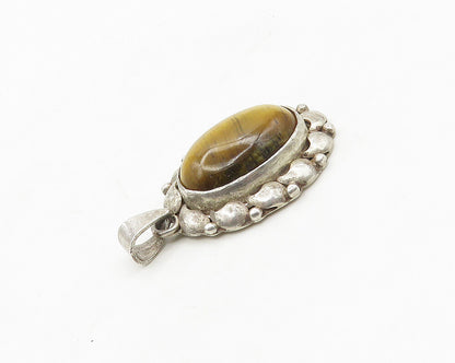 925 Sterling Silver  Vintage Cabochon Cut Tiger's Eye Oval Pendant  PT14371