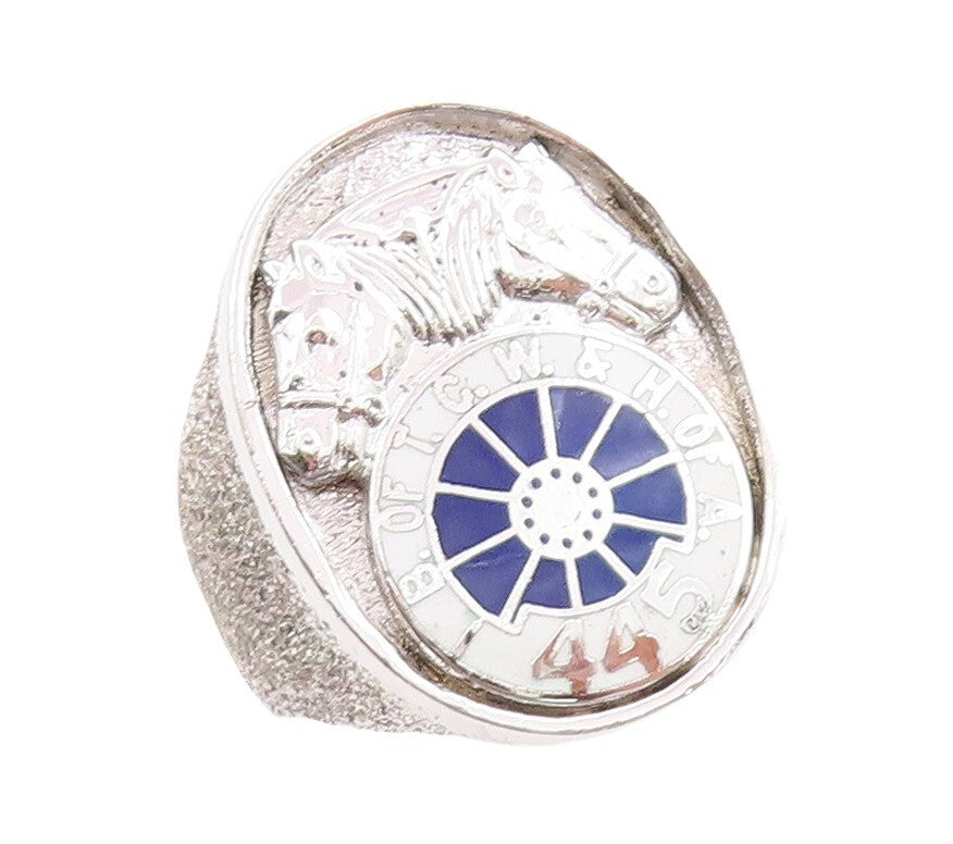 925 Sterling Silver Vintage Ring Enameled Carved Horse Racing  Sz 8.5  RG31303