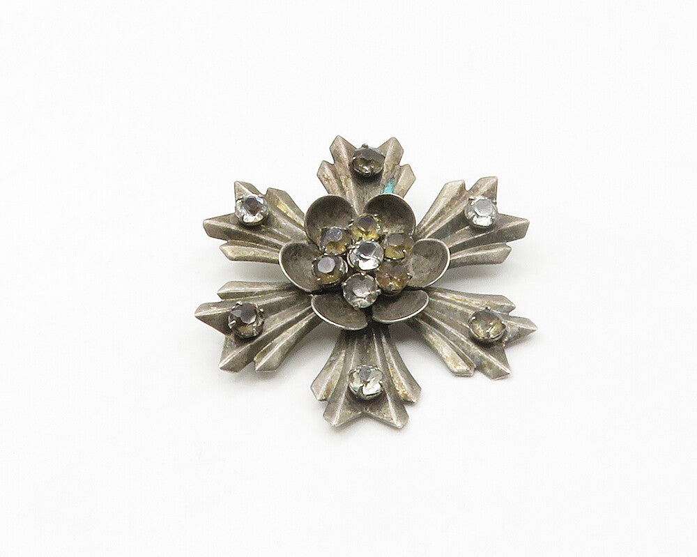 HARRY ISKIN 925 Sterling Silver  Vintage Topaz Flower Motif Brooch Pin  BP6675