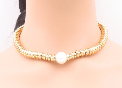 925 Sterling Silver Vintage Necklace Gold Plated Rings Stacked Pearl  NE4268