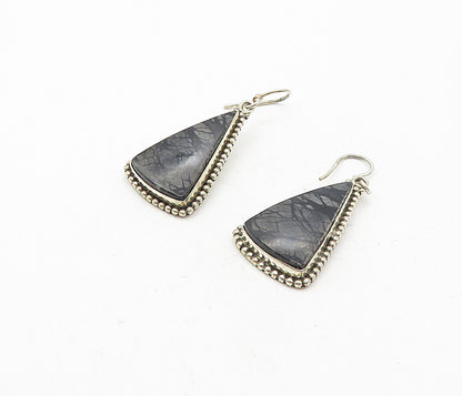 925 Sterling Silver  Vintage Black Jasper Triangle Dangle Earrings  EG3910