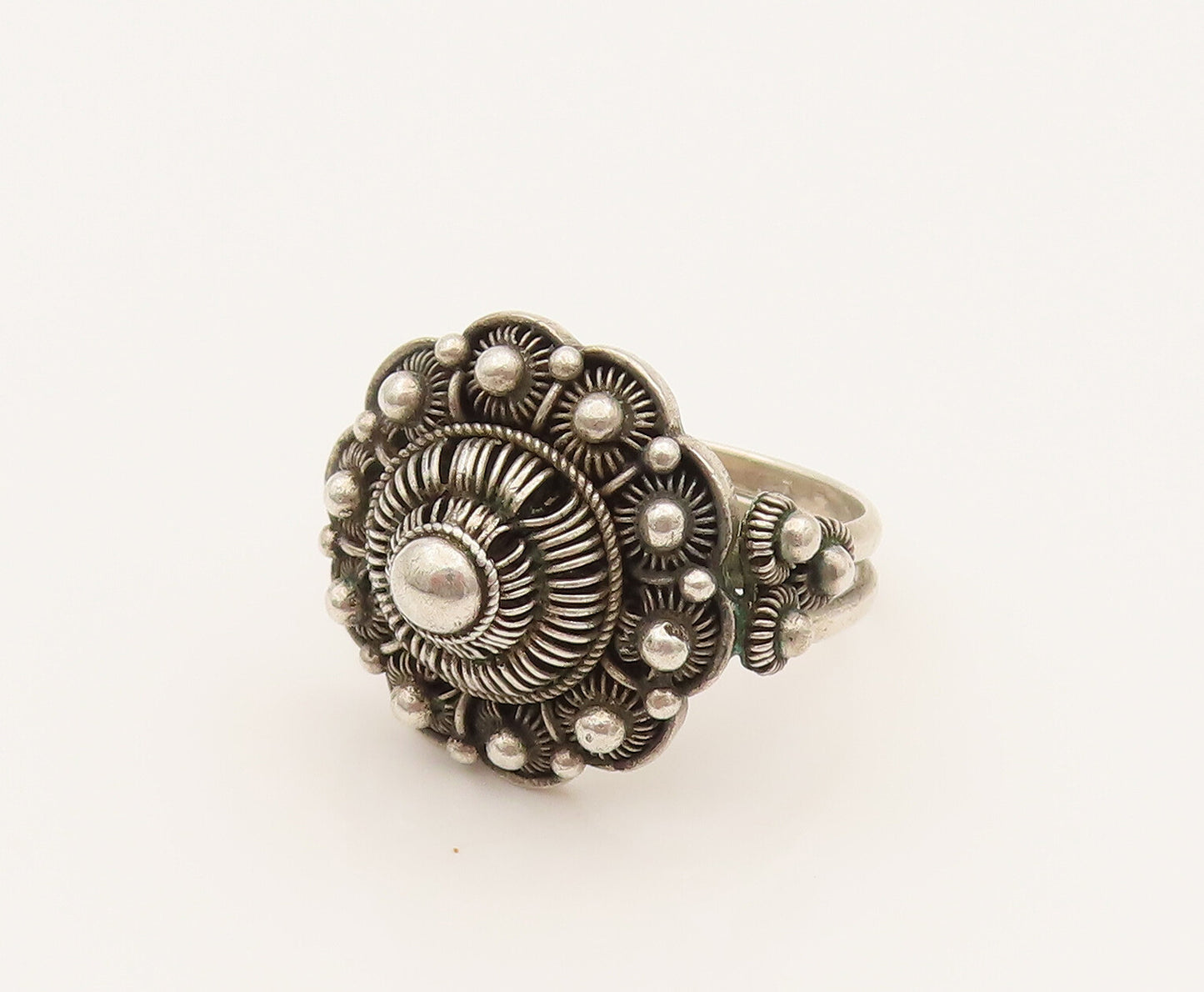 925 Sterling Silver Vintage Beaded & Wire Flower Adjustable Ring Sz 6.5  RG26269