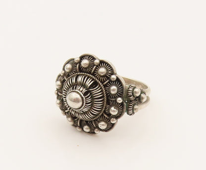 925 Sterling Silver Vintage Beaded & Wire Flower Adjustable Ring Sz 6.5  RG26269