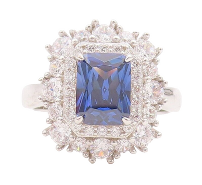 925 Sterling Silver Vintage Ring Blue Rectangle & Round Halo CZ  Sz 7  RG29163