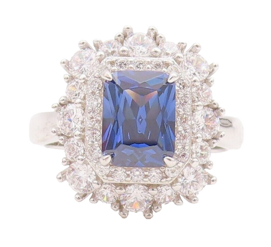 925 Sterling Silver Vintage Ring Blue Rectangle & Round Halo CZ  Sz 7  RG29163