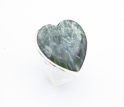 925 Sterling Silver  Love Heart Shaped Green Jasper Cocktail Ring Sz 9  RG7743