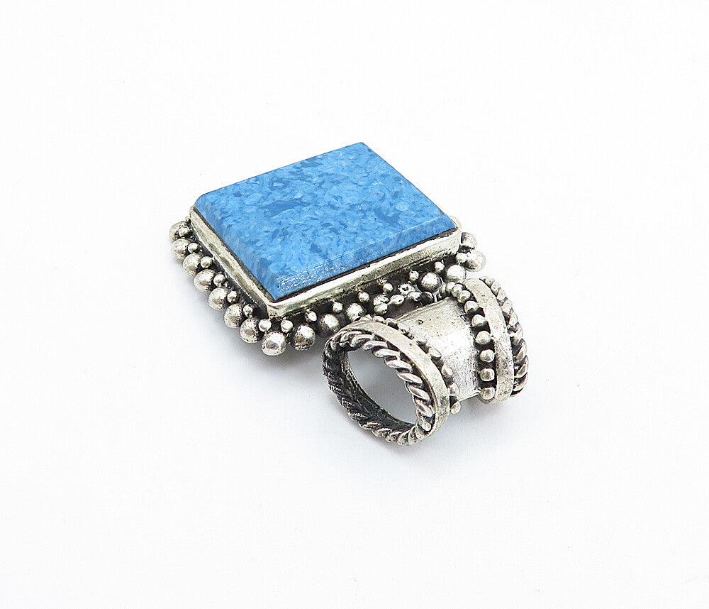 925 Sterling Silver  Vintage Blue Jasper Bubble Border Square Pendant  PT4286