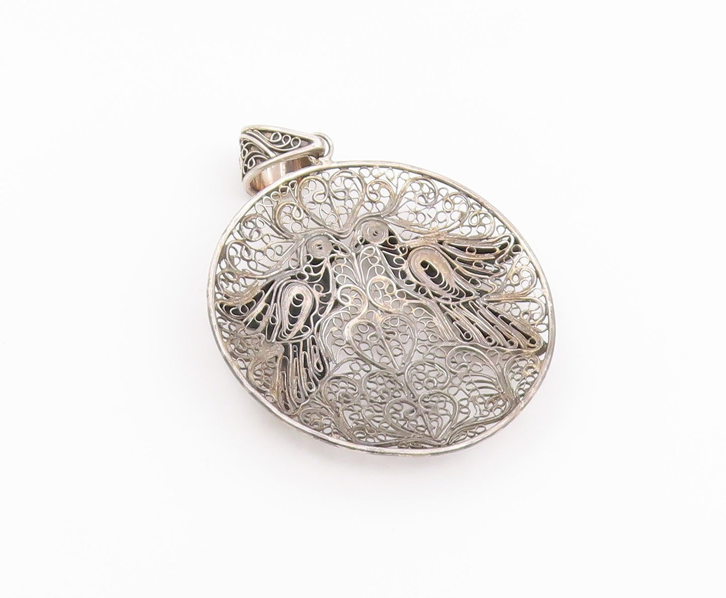 925 Sterling Silver Vintage Pendant Openwork Filigree Lovebirds Medal  PT26447