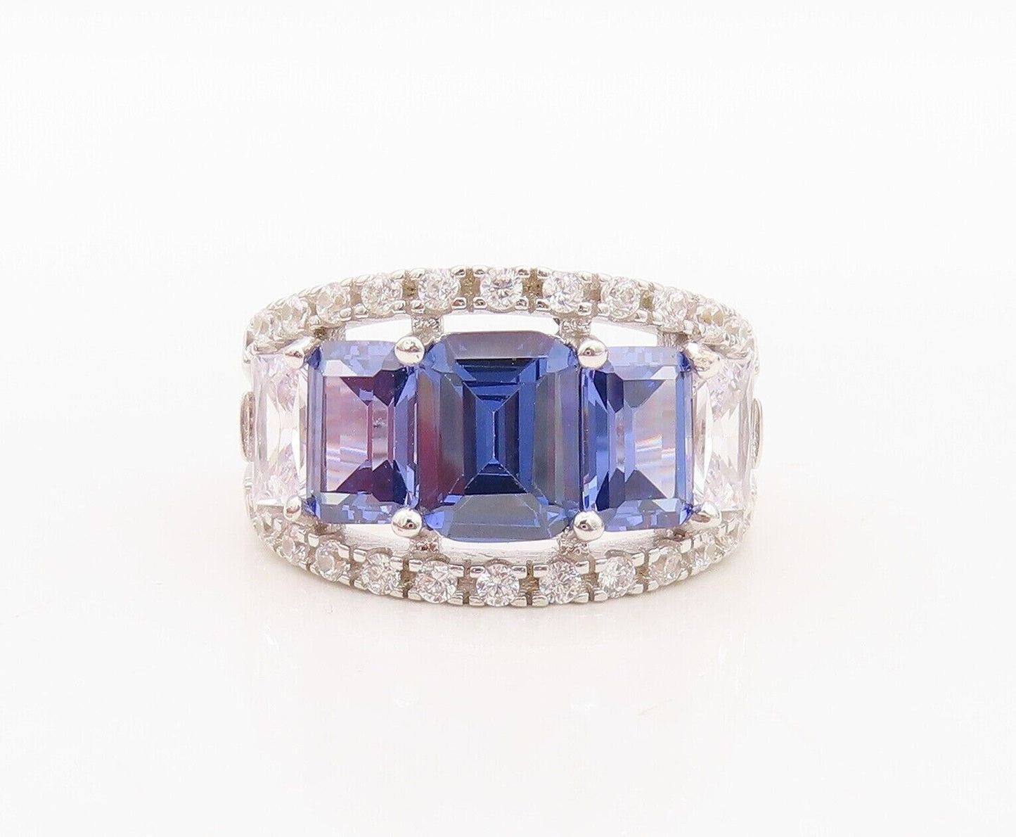 925 Sterling Silver Vintage Ring Designer Cutout Sapphire & Topaz Sz 7.5 RG30058