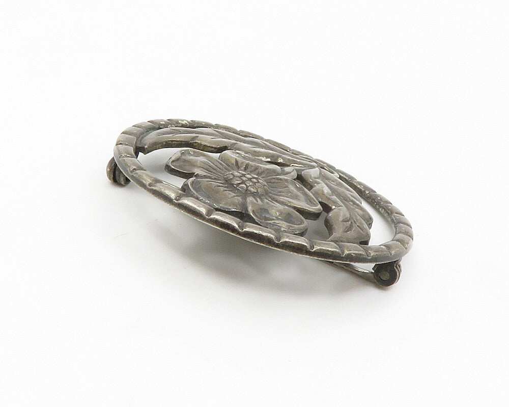 925 Sterling Silver  Vintage Dark Tone Single Flower Round Brooch Pin  BP5708