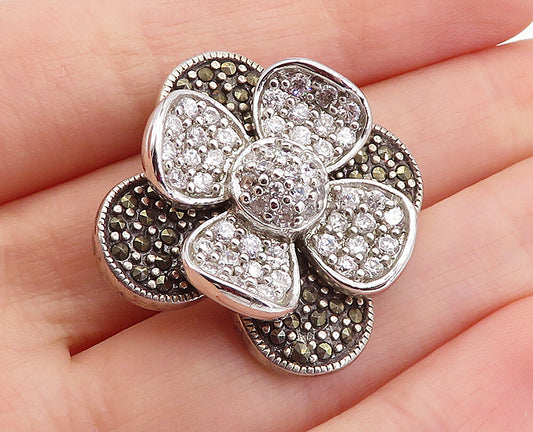925 Sterling Silver  Vintage Cubic Zirconia & Marcasite Flower Pendant  PT3295