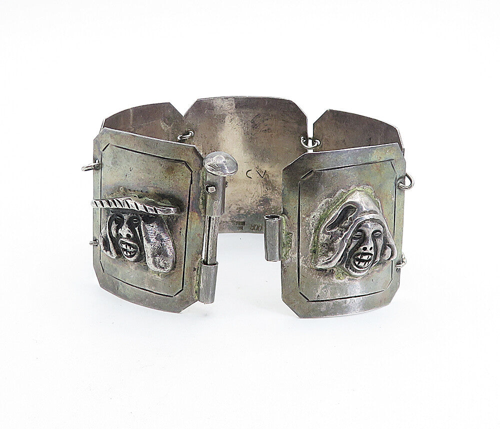 925 Sterling Silver  Vintage Antique Sculpted Faced Chain Bracelet  BT2079