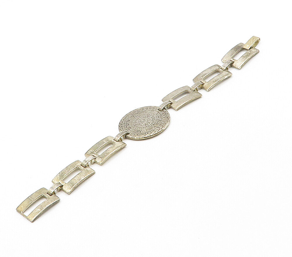 MEXICO 925 Sterling Silver  Vintage Mayan Sun Calendar Chain Bracelet  BT6292